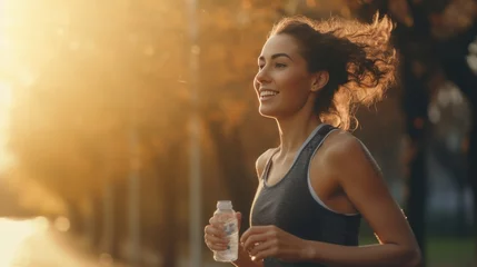 Tuinposter A female runner jogging outdoors in the morning with beautiful morning light and drinking water to relieve fatigue © เลิศลักษณ์ ทิพชัย
