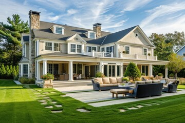 American Luxury: Impressive Backyard Landscape Design with Clapboard Siding and Stone Accents - obrazy, fototapety, plakaty