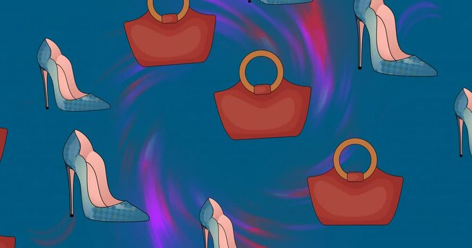 Animation of purple shoes and red handbags on colourful background