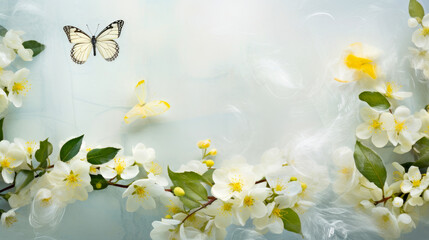 Abstract natural spring background with butterflies and light lemon meadow flowers closeup.