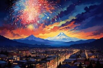 An artwork featuring a city with a fireworks show illuminating the sky above and a distant mountain. Generative AI