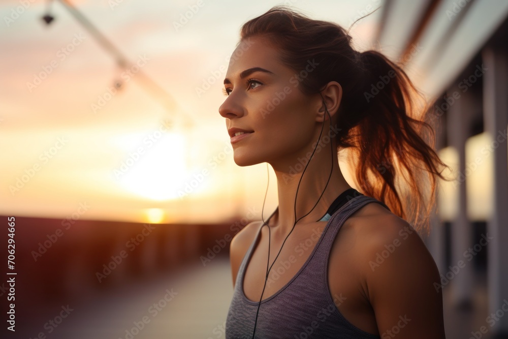 Wall mural a female runner jogging outdoors in the morning against the bright and beautiful morning light