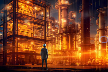 Industry engineer merges with factory backdrop through double exposure, highlighting machinery, system control,  synergy of business and smart industry technology. Generative AI.