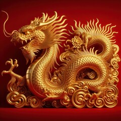 Naklejka premium golden dragon on red background
