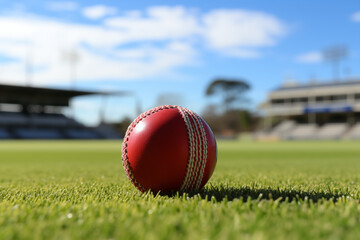 Cricket ball on sports field. Cricket match, cricket competition.
​