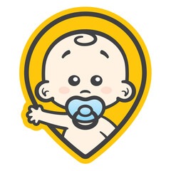 Vector yellow map pin icon with an image of a waving baby with a pacifier in his mouth. Isolated on white background