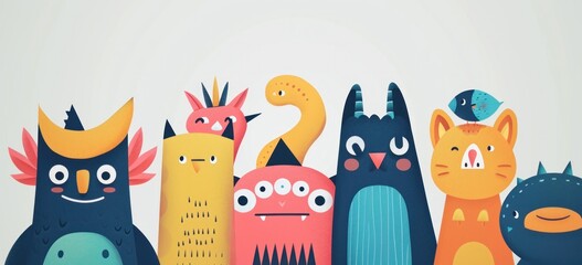 Colorful collection of cute cartoon monsters for children's book. Kid-friendly designs.