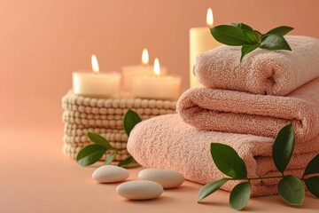 Obraz na płótnie Canvas Stack of peach colored towels with scented candles. Aromatherapy and beauty. Conceptual set of harmony, massage, balance and meditation, spa, relaxation, beauty spa treatments