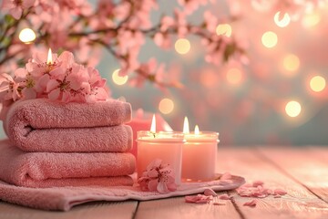 Stack of peach-colored towels with scented candles and sakura flowers. Aromatherapy and beauty. Concept of a spa, sanatorium or resort - obrazy, fototapety, plakaty