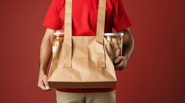 A courier man brings junk food drink and snack on tray, wearing a red uniform