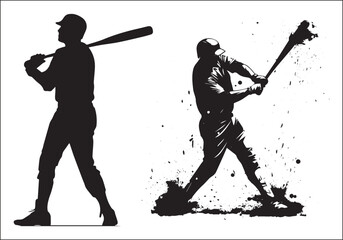 A silhouette of a Baseball Player Batting, A Baseball Player pitching silhouette, black, clean, simple artwork vector,
