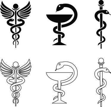 Caduceus snake icons Set in Flat Style. Medical center, pharmacy, hospital with popular symbols of medicine. Medical health care logos editable stock on transparent background. Rod of Asclepius signs.