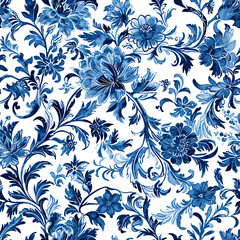 A detailed shot of a classic blue and white floral seamless pattern on fabric, perfect for elegant design backgrounds or textiles.

