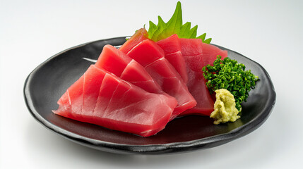 isolated,Tuna Sashimi on black plate,blank space for text 3 parts,blue background,black light blue white green blue black plate,World Tuna Day, Tuna Conservation, 2 May, Tuna,banner