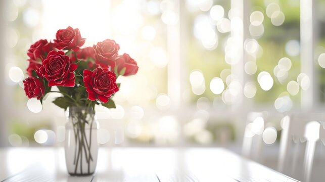 Bright Bouquet of Red Roses on Table.
A vase of vibrant red roses on a sunny table, with a soft-focus background.