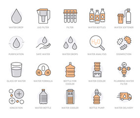 Water drop flat line icons set. Aqua filter, softener, ionization, disinfection, purification, glass, pump, drink vector illustrations. Thin signs for bottle delivery. Orange Color. Editable Strokes