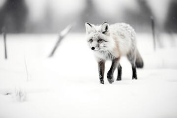 black and white photo of fox in a snowy landscape