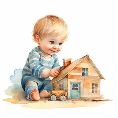 Watercolor Illustration of Baby with Toy House
