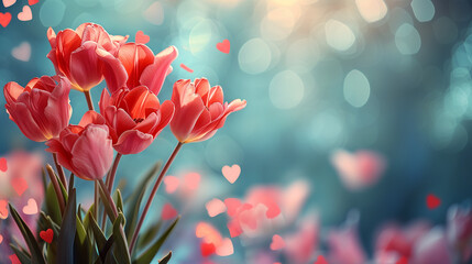 Versatile February background, season of love and renewal. Red flowers on a blue background, room for text.