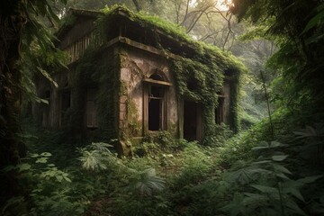 Overgrown abandoned dwelling swallowed by dense magical forest. Generative AI
