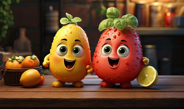 Abstract 3D smiling cartoon fruits on blurred background.
