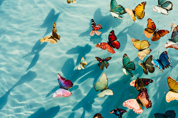 Colorful butterflies skimming over tranquil pool water, casting delicate shadows below