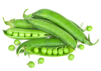 Plump and vibrant green peas, perfectly isolated on a white backdrop, capturing the essence of freshness and wholesome goodness. Raw green peas in pods isolated on the white background