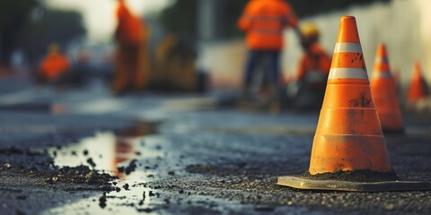 safety cones blurred road construction background road maintenance concept road repair - Generative ai