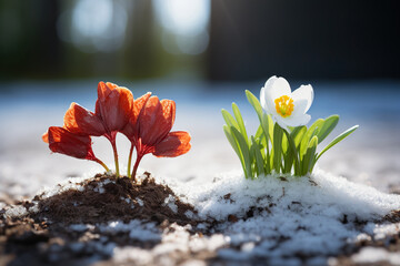 The first spring flowers in the snow in the rays of the sun against a bokeh background. Generated...