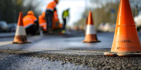 Foto auf Alu-Dibond safety cones blurred road construction background road maintenance concept road repair - Generative ai © Lukasz Czajkowski