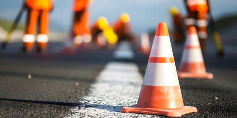 safety cones blurred road construction background road maintenance concept road repair - Generative ai