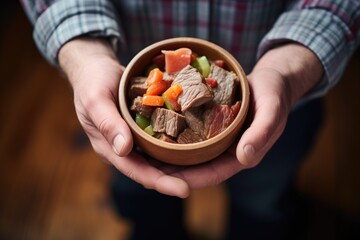 hands cradling bowl filled with beef stew, rustic wooden table