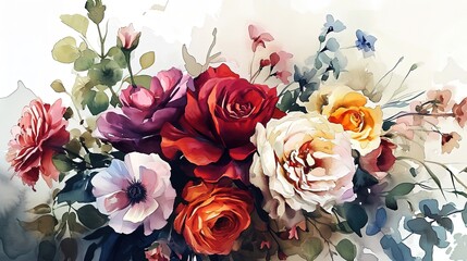 watercolor style illustration of flower bouquet blossom background wallpaper, color splash and wet in wet technique with grungy texture, Generative Ai