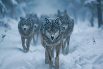 Alpha Wolf Leading Pack Through Snowy Forest Landscape