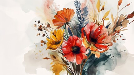 watercolor style illustration of flower bouquet blossom background wallpaper, color splash and wet in wet technique with grungy texture, Generative Ai