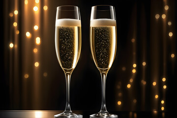 Champagne glasses, clinking in a dark, romantic setting, subtle lighting casting gentle reflections on the crystal surfaces. Generative AI