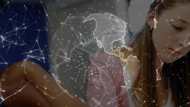 Animation of network of connections and globe over diverse schoolchildren writing
