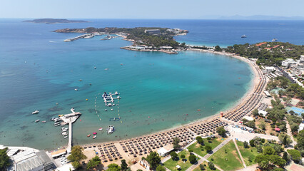 Aerial drone photo of famous celebrity sandy beach of Astir or Asteras in south Athens riviera with...