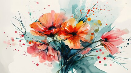 watercolor style illustration of flower bouquet blossom background wallpaper, color splash and wet in wet technique with grungy texture, Generative Ai - obrazy, fototapety, plakaty