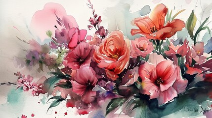 watercolor style illustration of flower bouquet blossom background wallpaper, color splash and wet in wet technique with grungy texture, Generative Ai