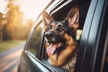 German Shepherd Dog Sticking Head Out Driving Car Window copy space daylights Generative AI - obrazy, fototapety, plakaty