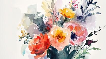 watercolor style illustration of flower bouquet blossom background wallpaper, color splash and wet in wet technique with grungy texture, Generative Ai