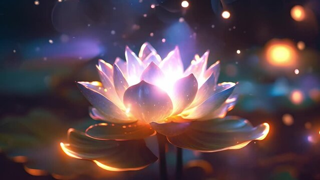 Pink lotus flower with magical sparkling lights. Meditation design. lily flower. Lotus flower symbol great for spa and relaxation atmosphere. Concept of religion, kundalini, meditation, healthcare, yo