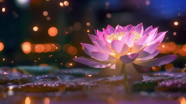 Pink lotus flower with magical sparkling lights. Meditation design. lily flower. Lotus flower symbol great for spa and relaxation atmosphere. Concept of religion, kundalini, meditation, healthcare, yo