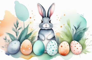 Obraz premium happy Easter background. bunny, hand-painted plants, dotted eggs in pastel watercolors.