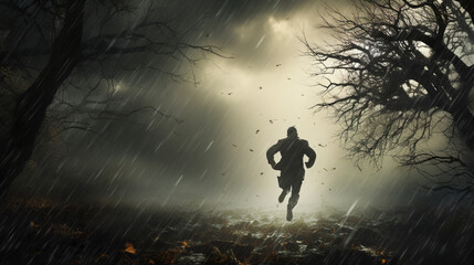 silhouette of a running person in the rain - obrazy, fototapety, plakaty