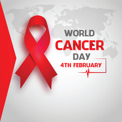 realistic World Cancer Day background with world map and red ribbons on white background, 4th february world cancer day, red awareness ribbon