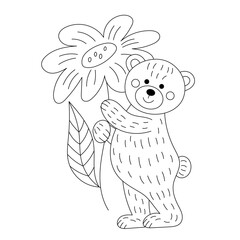 Teddy bear with flowers. Illustration for Valentine's day. Linear drawing for coloring.