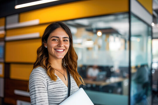 Smiling young woman holding a laptop in a modern office environment, radiating confidence and positivity.