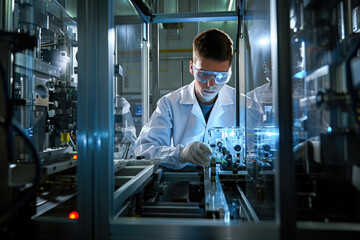 A male scientist working meticulously with high-tech equipment in a modern laboratory setting.